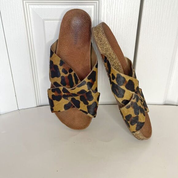 Anacapri Leather Leopard Print Pony Hair Criss Crop Wide Strappy Slip On Sandals - Picture 3 of 10